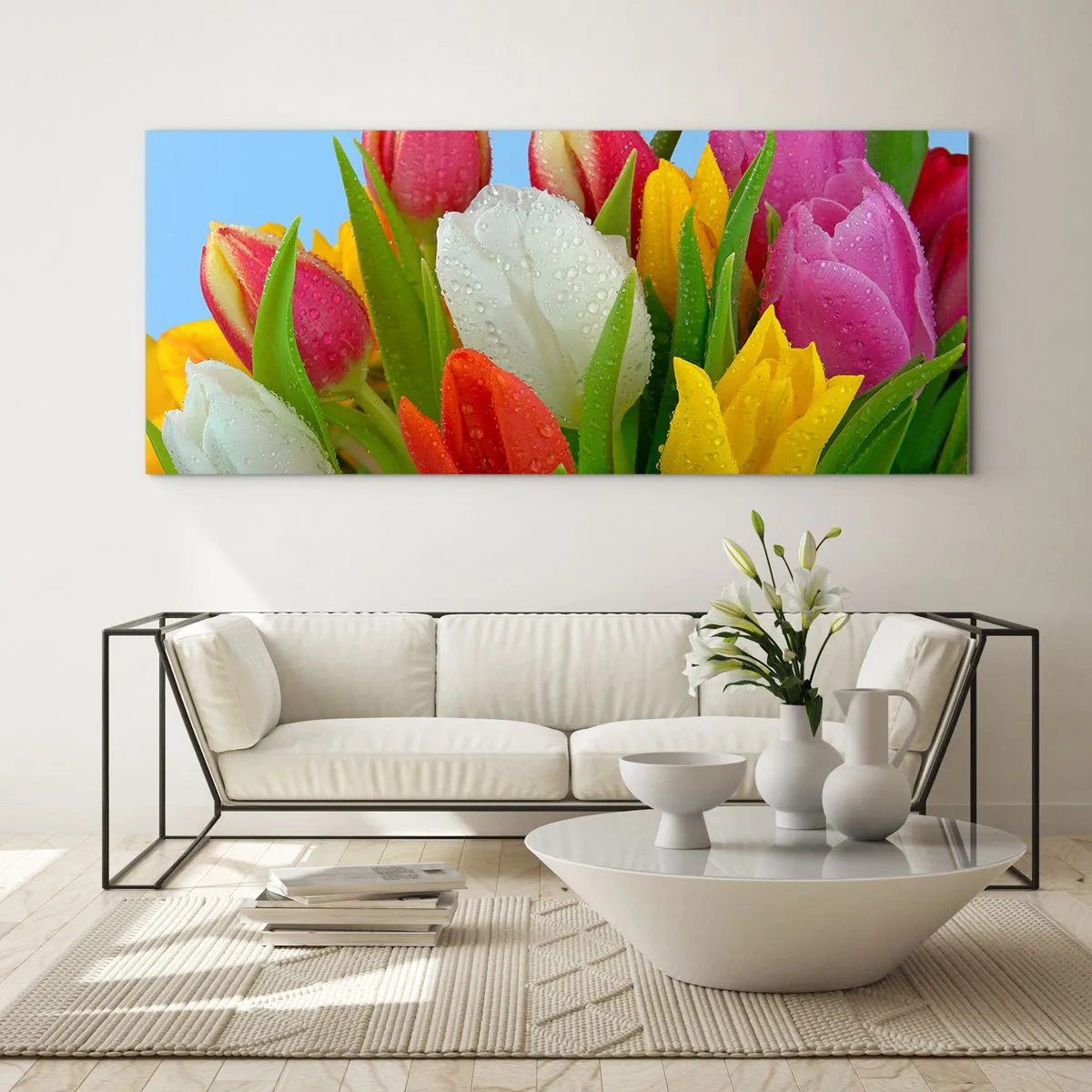 Impression sur verre - Image sur verre - Un arc-en-ciel fleuri en gouttes de rosée - 90x30 cm