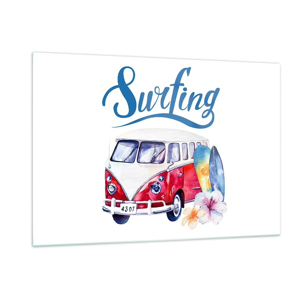 Impression sur verre - Image sur verre - Thème surf avec van et planches - 120x80cm - Concombre - un classique pour un surfeur - Décoration murale moderne pour le salon et la chambre ARTTOR