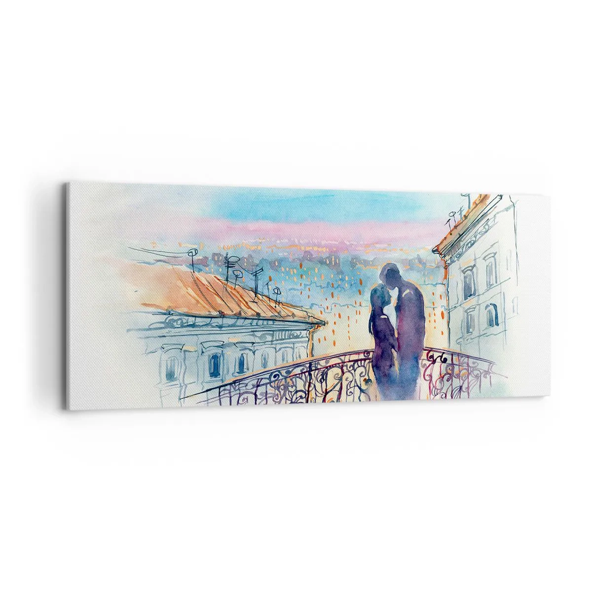Impression sur toile - Image sur toile - Couple romantique sur un balcon avec vue sur la ville - 120x50cm - Amoureux de Paris - Décoration murale moderne pour le salon et la chambre ARTTOR