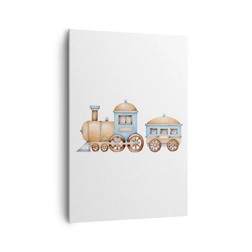 Impression sur toile - Image sur toile - Dessin d'un train aux tons pastel sur fond blanc - 70x100cm - Il est à la gare... - Décoration murale moderne pour le salon et la chambre ARTTOR