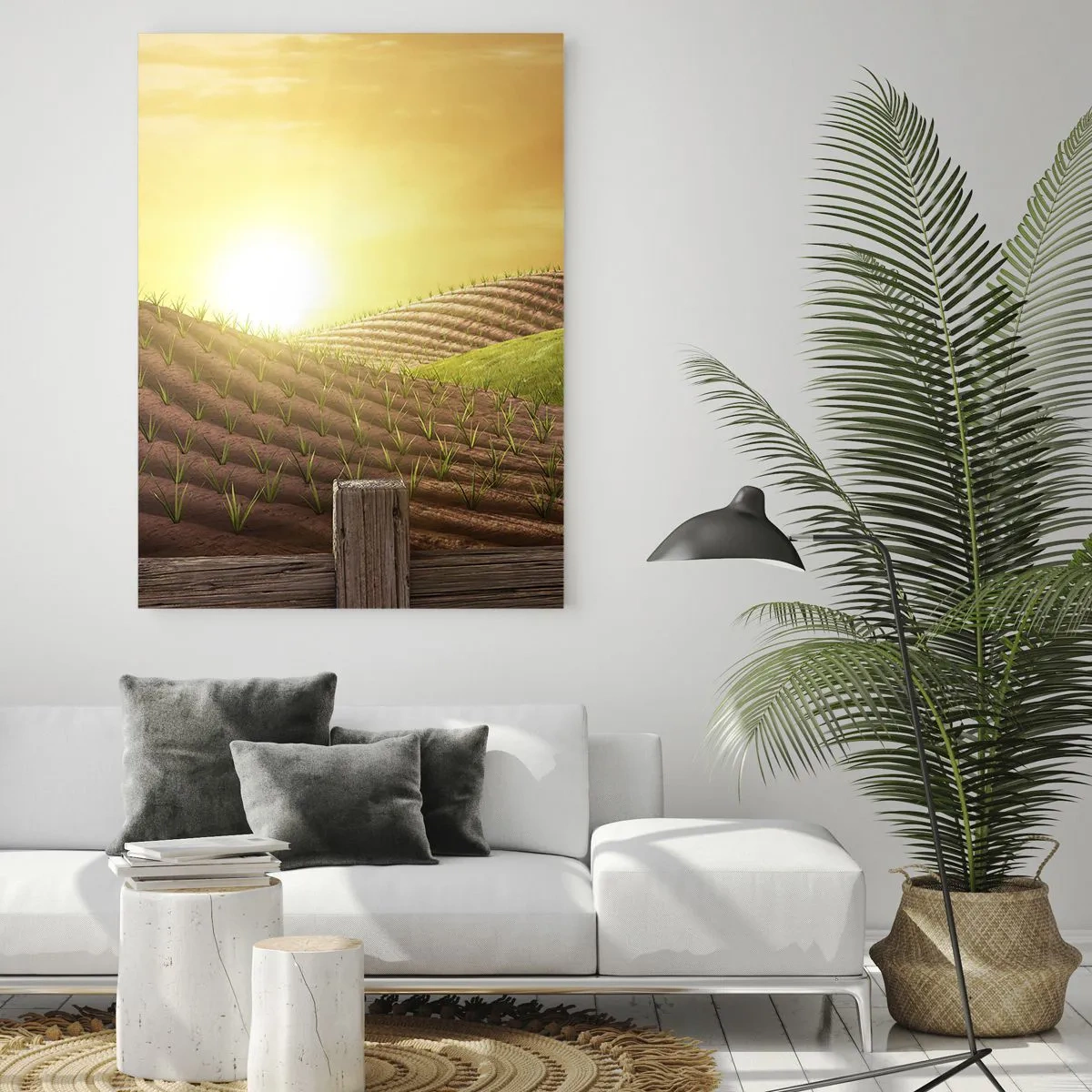 Impression sur verre - Image sur verre - Coucher de soleil sur une ferme avec un champ et un tracteur - 50x70cm - Une ferme comme dans un conte de fées - Décoration murale moderne pour le salon et la chambre ARTTOR
