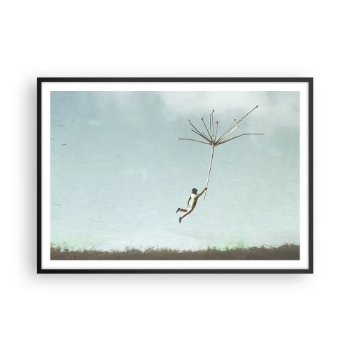 Affiche dans un cadre noir - Poster - Une silhouette soulevée par une grosse graine de pissenlit - 100x70cm - Cerfs-volants, pissenlits, vent - Décoration murale moderne pour le salon et la chambre ARTTOR