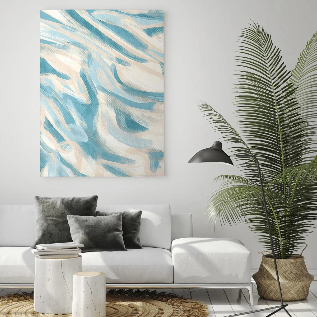 Impression sur verre - Image sur verre - Coups de pinceau abstraits aux couleurs bleues et crème. - 50x70cm - Brise printanière - Décoration murale moderne pour le salon et la chambre ARTTOR