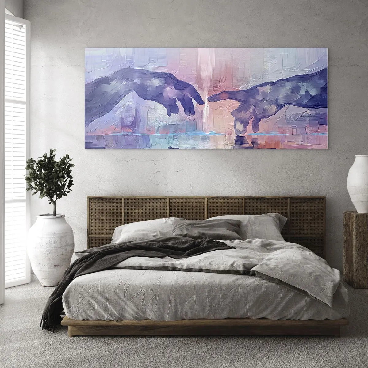 Impression sur verre - Image sur verre - Mains symboliques aux couleurs abstraites, faisant référence au thème de la création - 120x50cm - Divine étincelle de vie - Décoration murale moderne pour le salon et la chambre ARTTOR