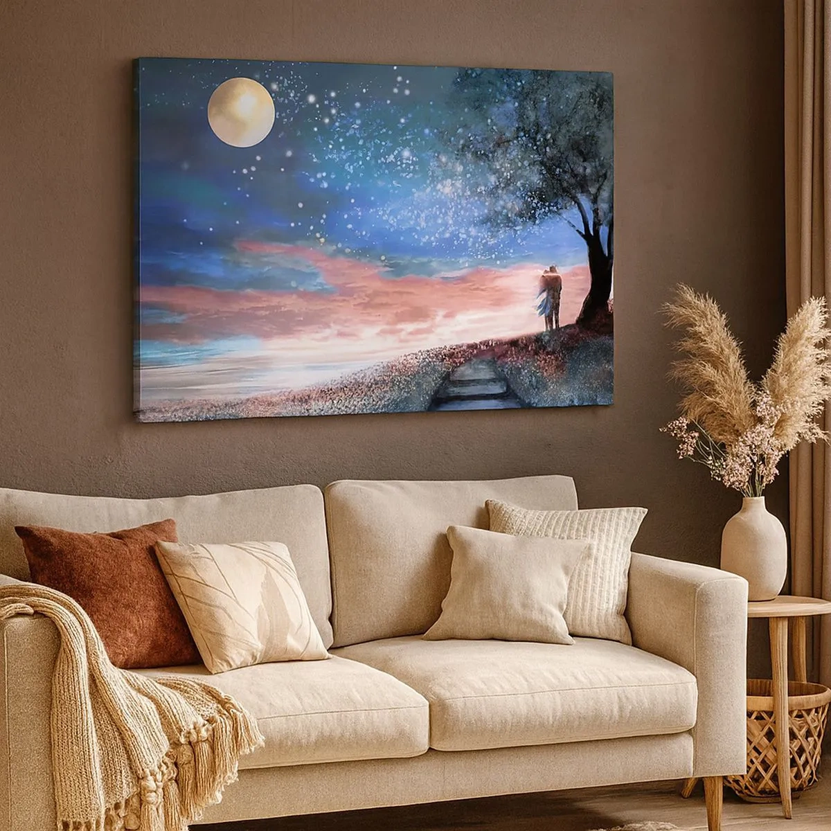 Impression sur toile - Image sur toile - Scène de couple romantique sous la pleine lune - 70x50cm - Spectacle étoilé - Décoration murale moderne pour le salon et la chambre ARTTOR