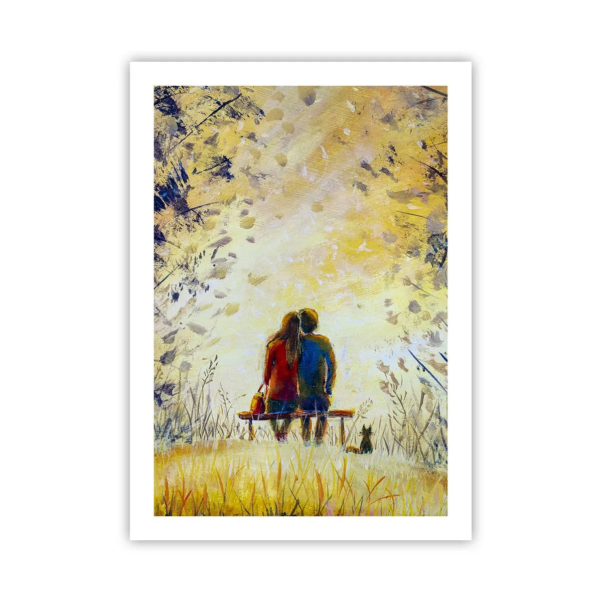 Affiche - Poster - Un couple assis sur un banc au milieu des couleurs d'automne au coucher du soleil - 50x70cm - Moment magique - Décoration murale moderne pour le salon et la chambre ARTTOR