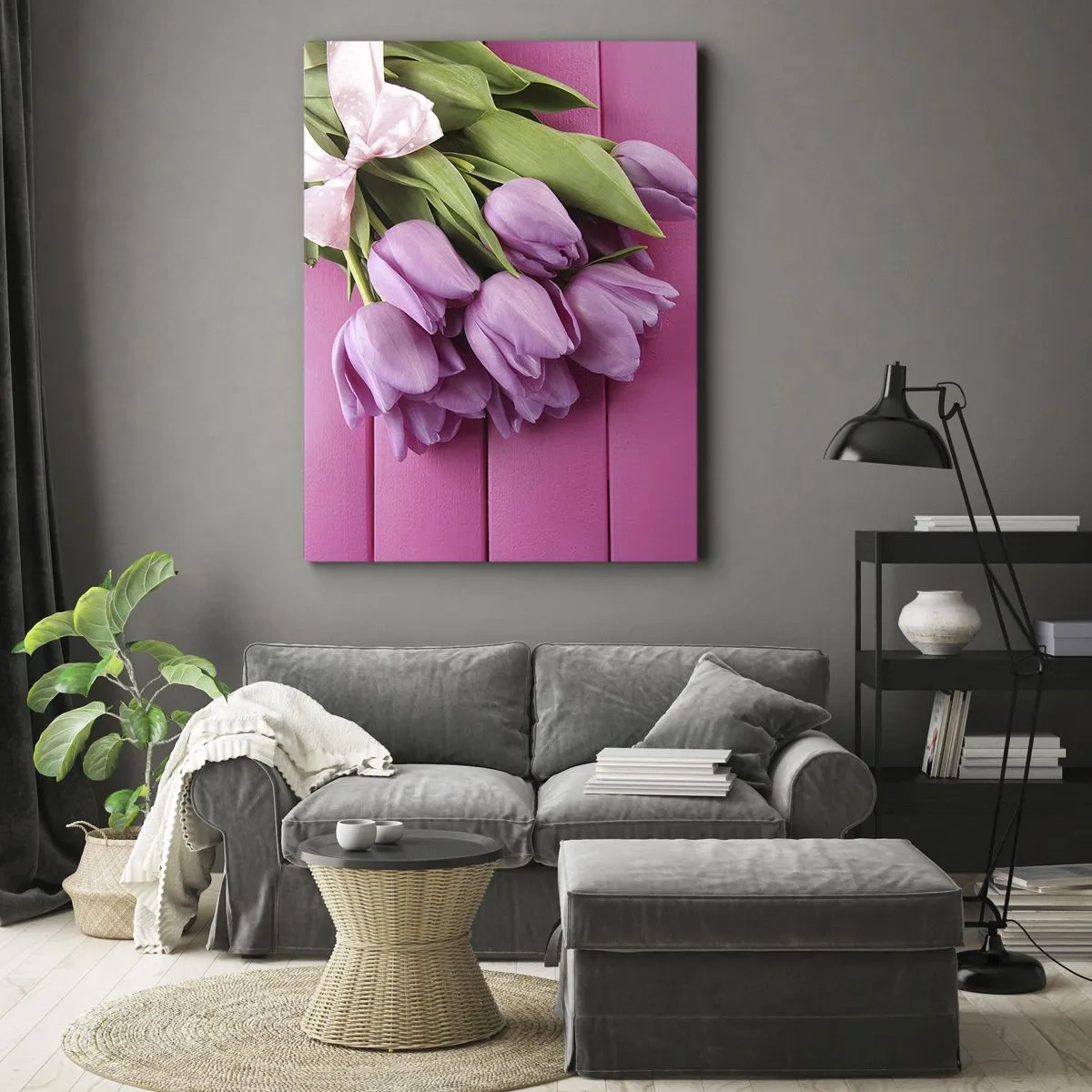 Impression sur toile - Image sur toile - Un bouquet de tulipes roses avec un nœud sur un fond rose - 50x70cm - Juste pour toi - Décoration murale moderne pour le salon et la chambre ARTTOR