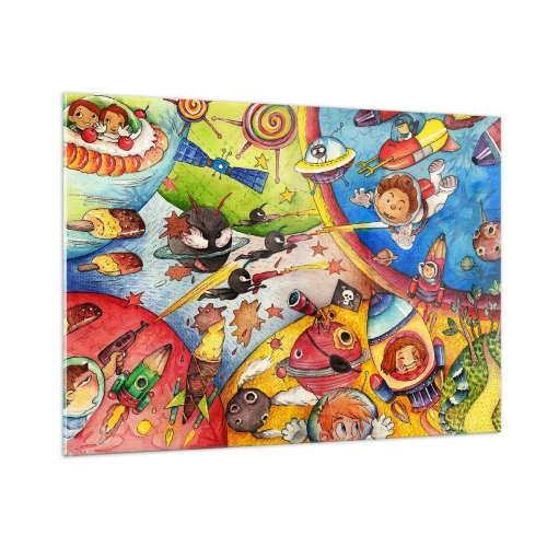 Impression sur verre - Image sur verre - Une illustration colorée d'une aventure spatiale pour les enfants - 100x70cm - Grande aventure spatiale - Décoration murale moderne pour le salon et la chambre ARTTOR