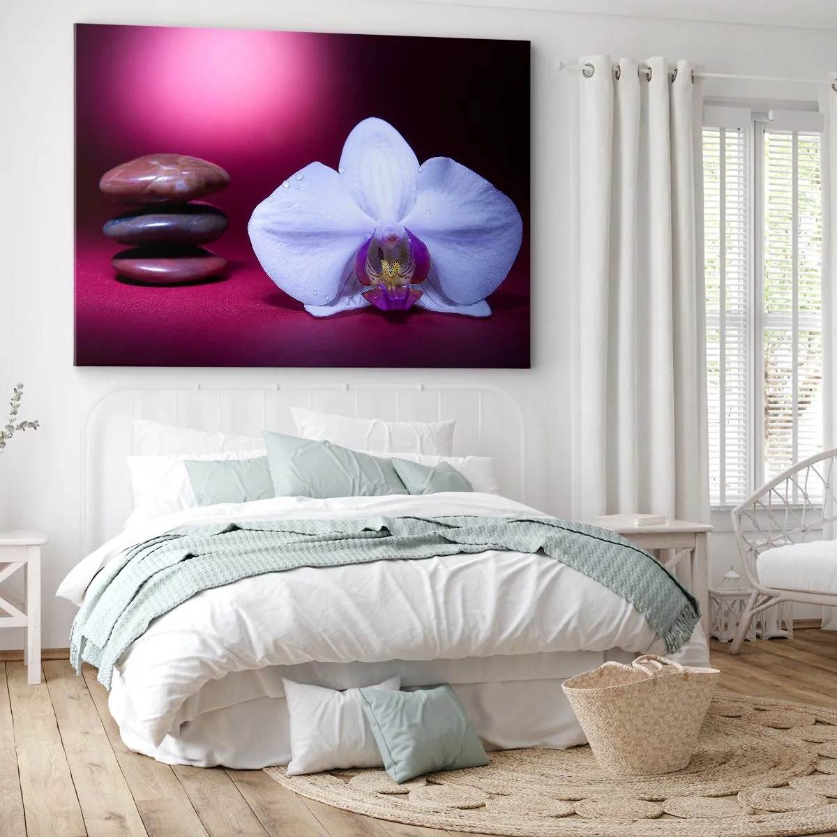 Impression sur toile - Image sur toile - Orchidée blanche et pierres sur fond rose - 70x50cm - Une étude de fraîcheur en violet - Décoration murale moderne pour le salon et la chambre ARTTOR