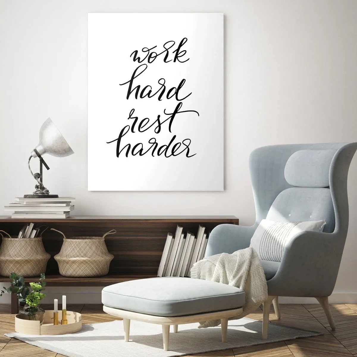 Impression sur verre - Image sur verre - Citation « Travaillez dur, reposez-vous plus dur » sur fond blanc - 70x100cm - Équilibre de vie - Décoration murale moderne pour le salon et la chambre ARTTOR