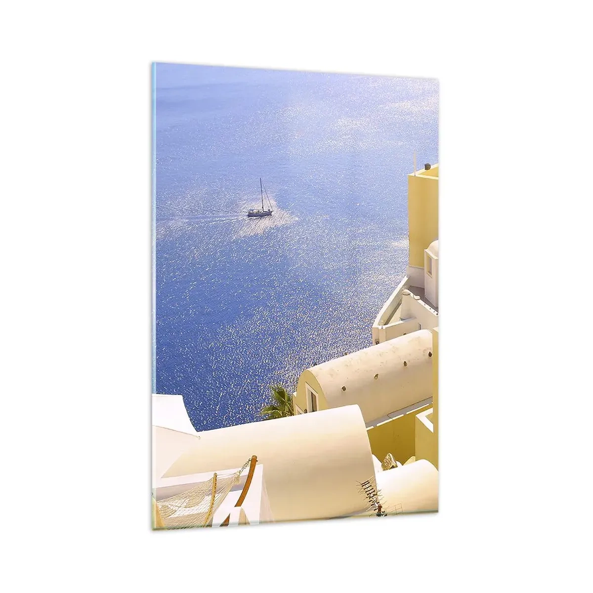 Impression sur verre - Image sur verre - Architecture grecque avec vue sur la mer et un bateau en arrière-plan - 80x120cm - Paysage grec en blanc et bleu ciel - Décoration murale moderne pour le salon et la chambre ARTTOR