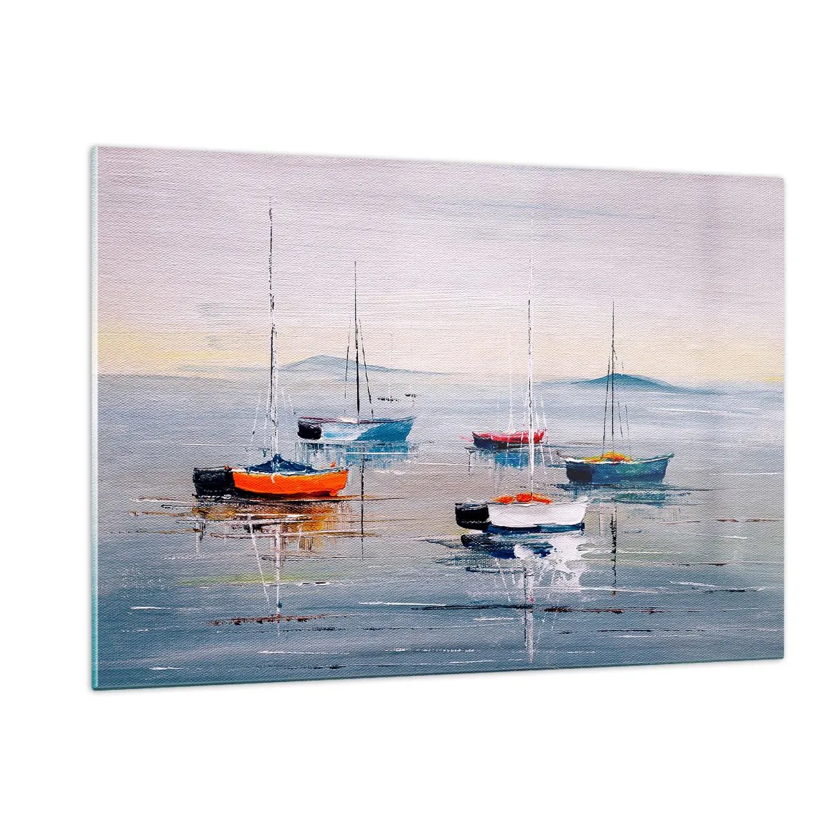 Impression sur verre - Image sur verre - Bateaux colorés dérivant sur l'eau calme au coucher du soleil - 120x80cm - Un repos bien mérité - Décoration murale moderne pour le salon et la chambre ARTTOR