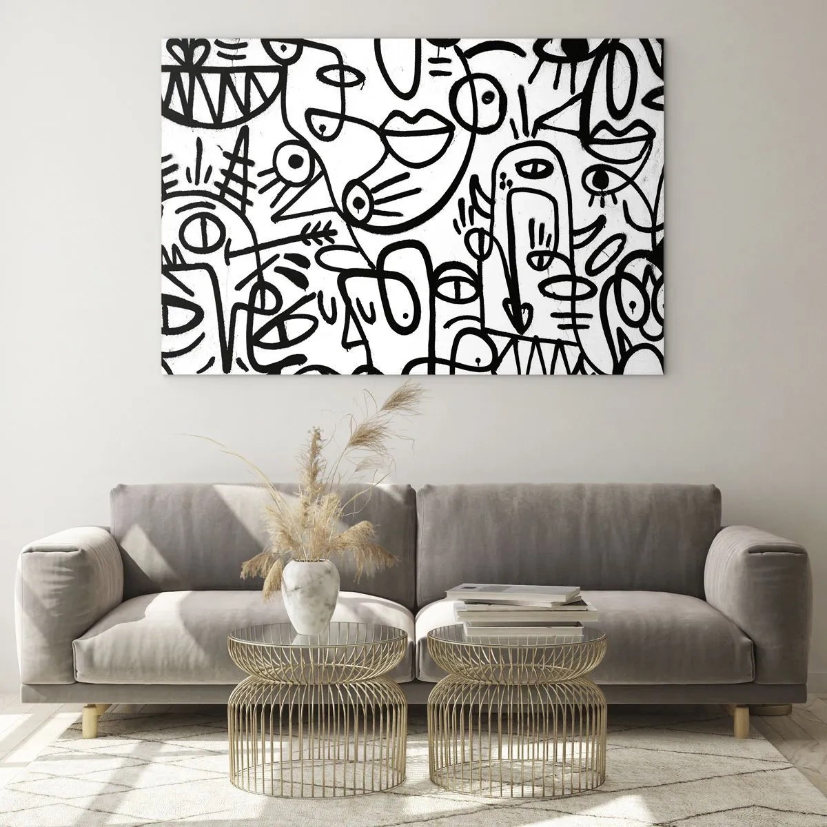Impression sur verre - Image sur verre - Abstraction en noir et blanc avec des yeux, des visages et des lignes - 70x50cm - Visages et mirages - Décoration murale moderne pour le salon et la chambre ARTTOR