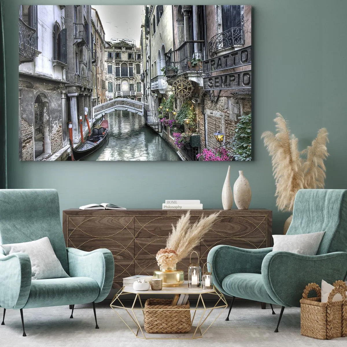 Impression sur toile - Image sur toile - Canal vénitien avec gondole et pont de pierre - 70x50cm - Pendant des siècles dans une réflexion silencieuse - Décoration murale moderne pour le salon et la chambre ARTTOR