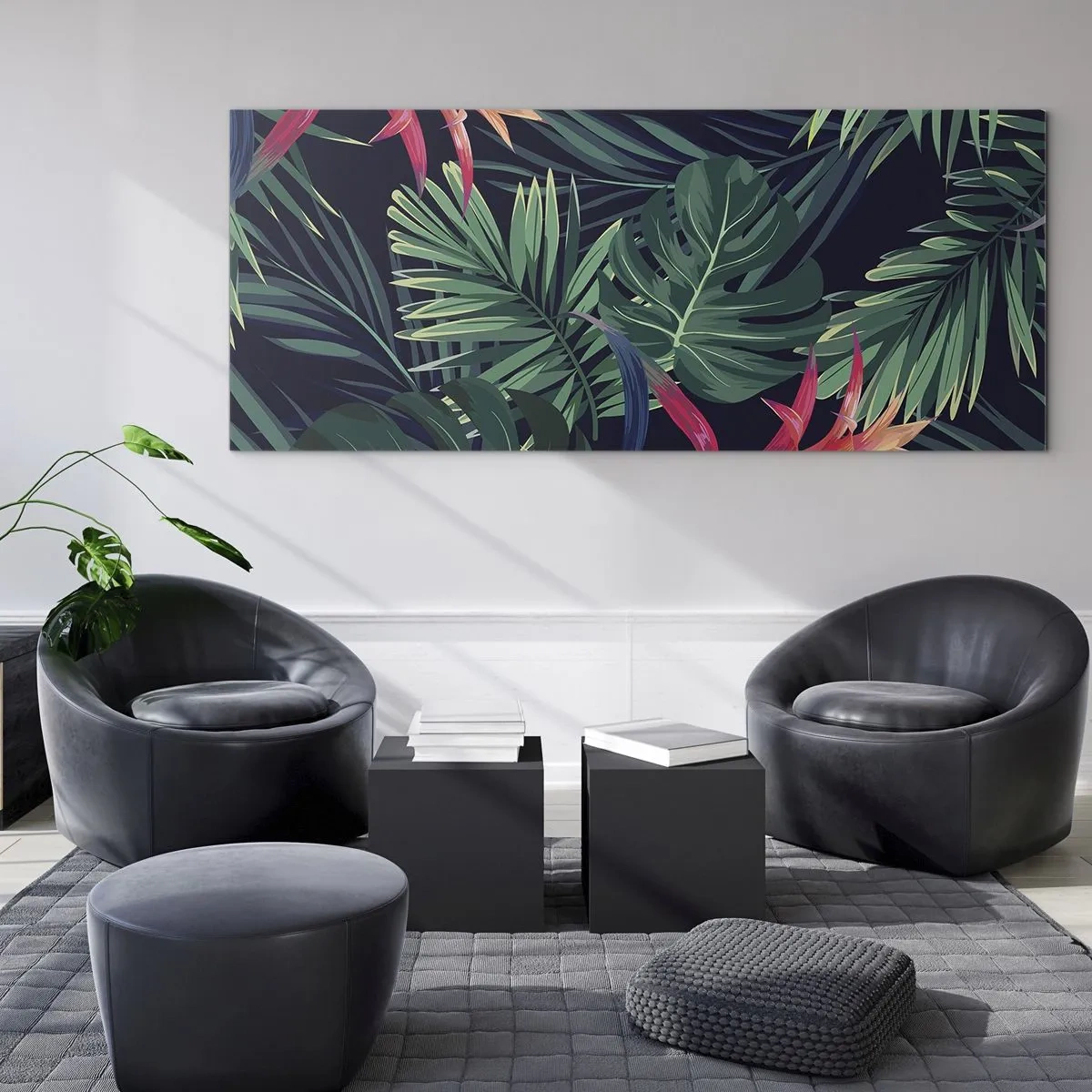 Impression sur verre - Image sur verre - Feuilles et fleurs tropicales sur fond sombre - 140x50cm - immergé dans la nature - Décoration murale moderne pour le salon et la chambre ARTTOR