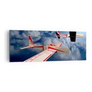 Impression sur toile - Image sur toile - Deux avions en bois planant au-dessus des nuages contre un ciel bleu. - 140x50cm - Encore plus haut, encore plus loin - Décoration murale moderne pour le salon et la chambre ARTTOR