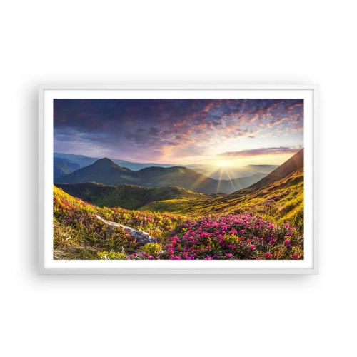 Affiche dans un cadre blanc - Poster - Fraîcheur matinale en montagne - 91x61 cm