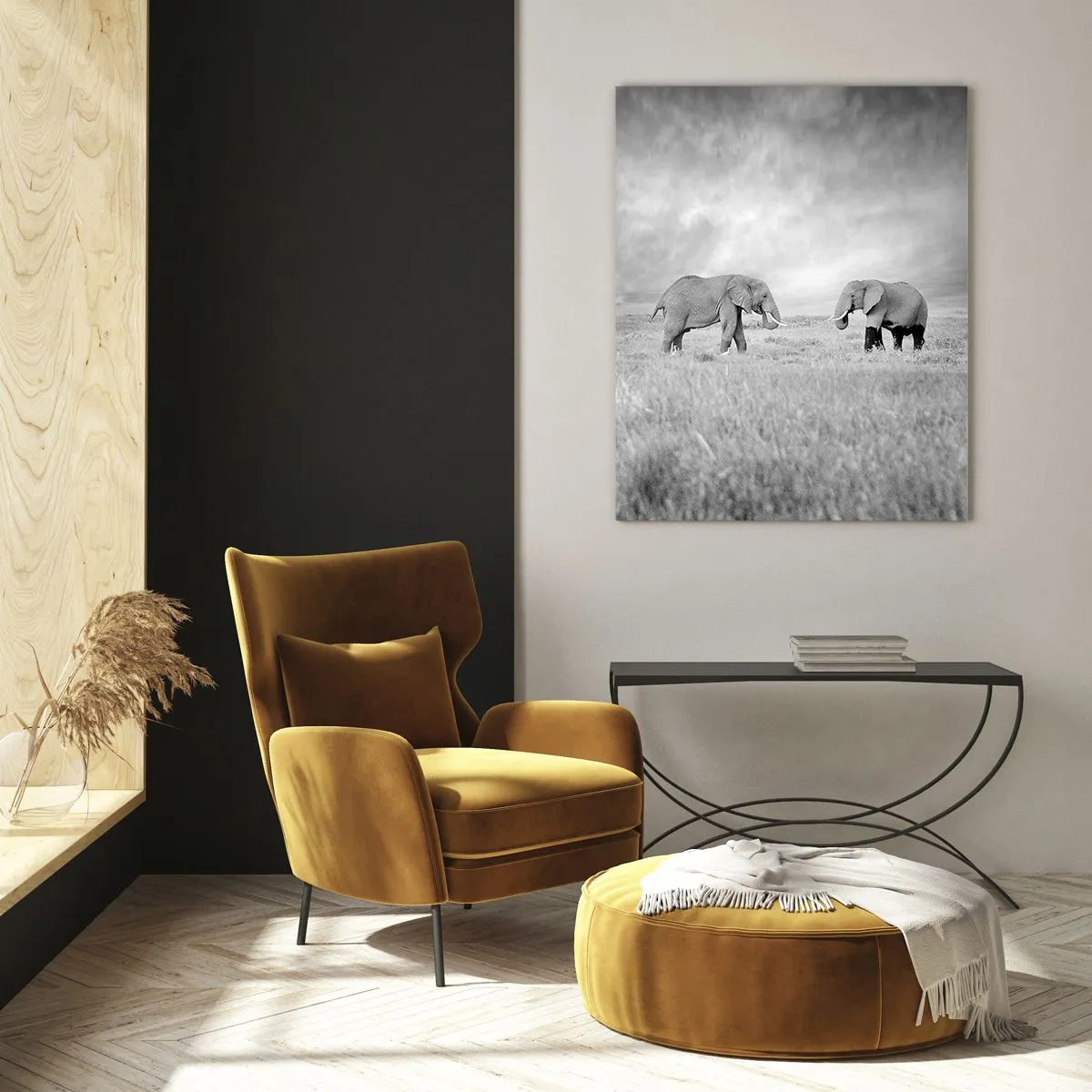 Impression sur verre - Image sur verre - Deux éléphants sur fond de savane africaine - 70x100cm - Le gris est beau - Décoration murale moderne pour le salon et la chambre ARTTOR