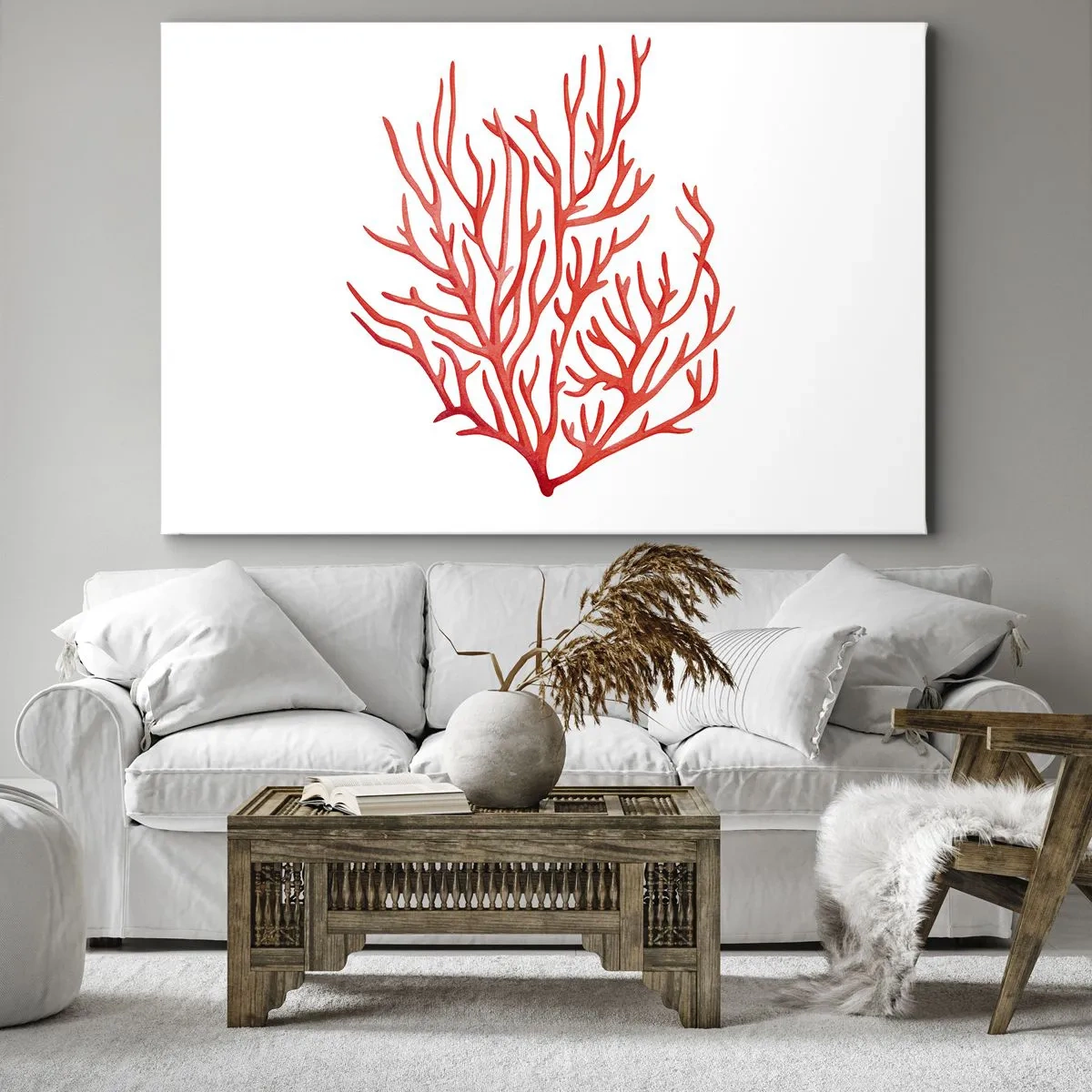 Impression sur toile - Image sur toile - Corail rouge sur fond blanc dans un style minimaliste - 70x50cm - Filigrane de corail - Décoration murale moderne pour le salon et la chambre ARTTOR