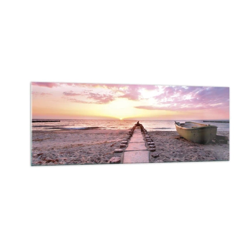 Impression sur verre - Image sur verre - Plage au lever du soleil avec bateau et jetée - 140x50cm - Moment d'expérience profonde - Décoration murale moderne pour le salon et la chambre ARTTOR