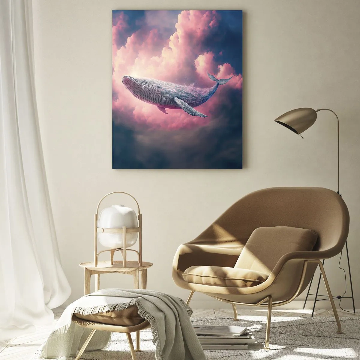 Impression sur verre - Image sur verre - Une baleine flottant dans les nuages au coucher du soleil - 70x100cm - Frottez-vous les yeux - Décoration murale moderne pour le salon et la chambre ARTTOR