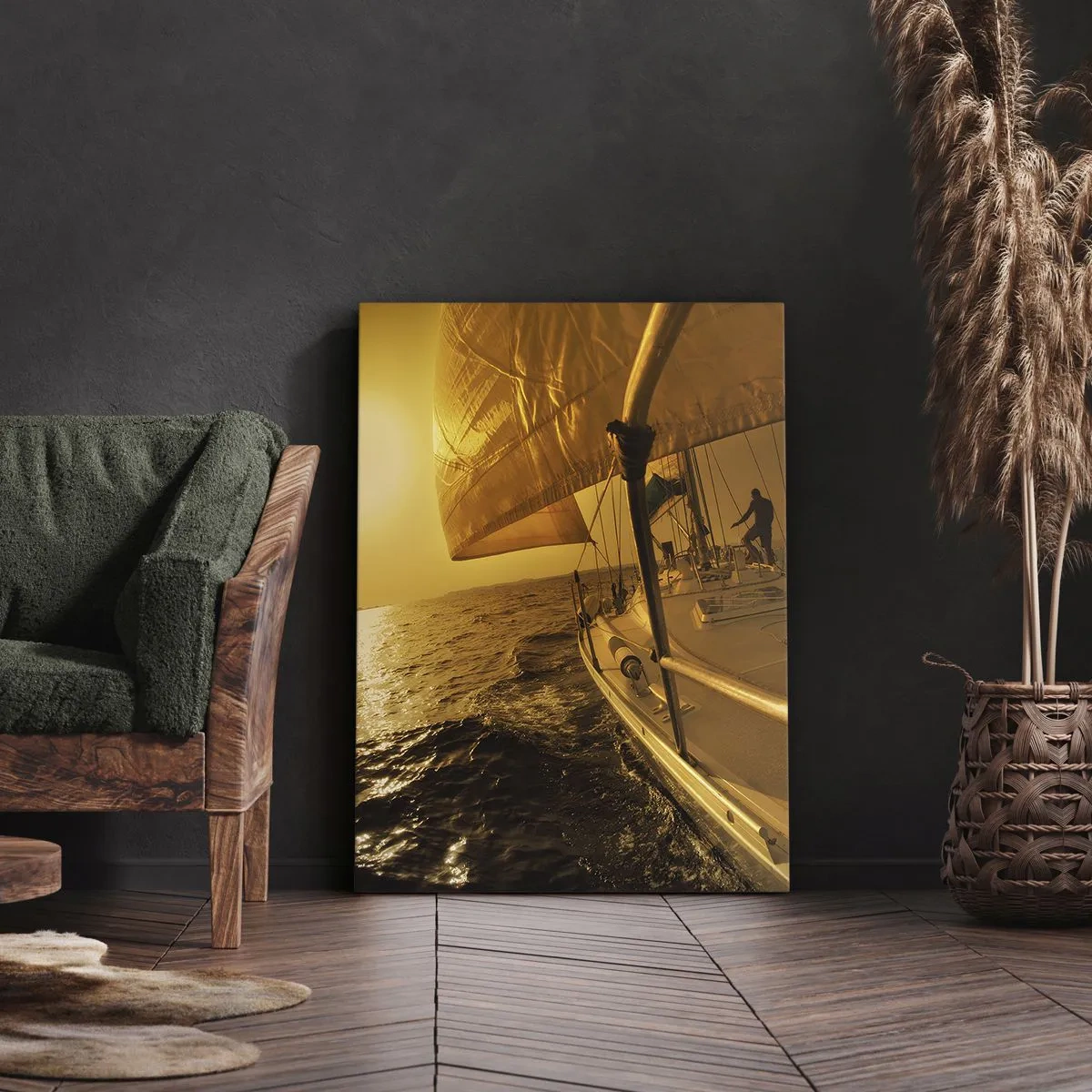 Impression sur toile - Image sur toile - Voilier en mer au coucher du soleil, lueur dorée. - 50x70cm - Une soirée en por après une journée haute en couleurs - Décoration murale moderne pour le salon et la chambre ARTTOR