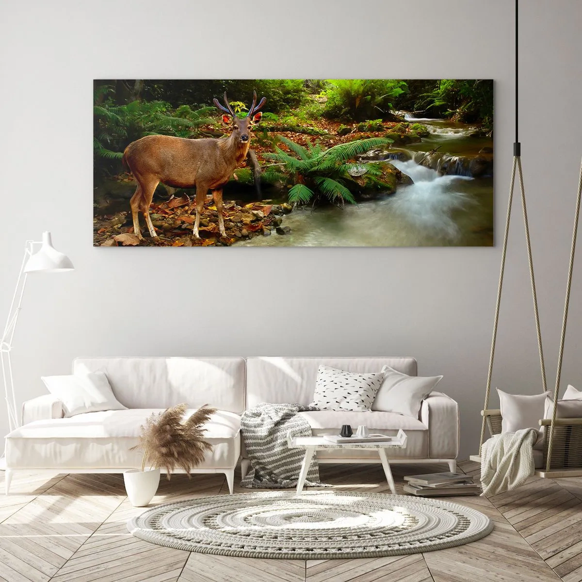 Impression sur verre - Image sur verre - Un cerf près d'un ruisseau entouré de verdure dans la forêt - 140x50cm - Bienvenue dans mon monde - Décoration murale moderne pour le salon et la chambre ARTTOR