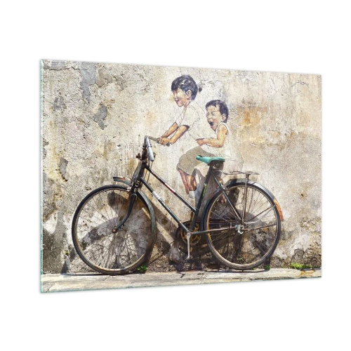 Impression sur verre - Image sur verre - Une peinture murale avec un vélo et des figures d'enfants sur un fond mural. - 100x70cm - Vrai ou faux? - Décoration murale moderne pour le salon et la chambre ARTTOR