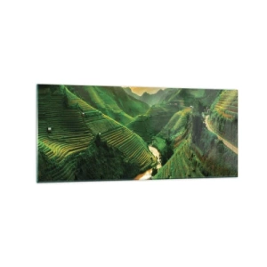 Impression sur verre - Image sur verre - Rizières en terrasses pittoresques dans une vallée verdoyante illuminée par le soleil couchant - 120x50cm - Vallée vietnamienne - Décoration murale moderne pour le salon et la chambre ARTTOR