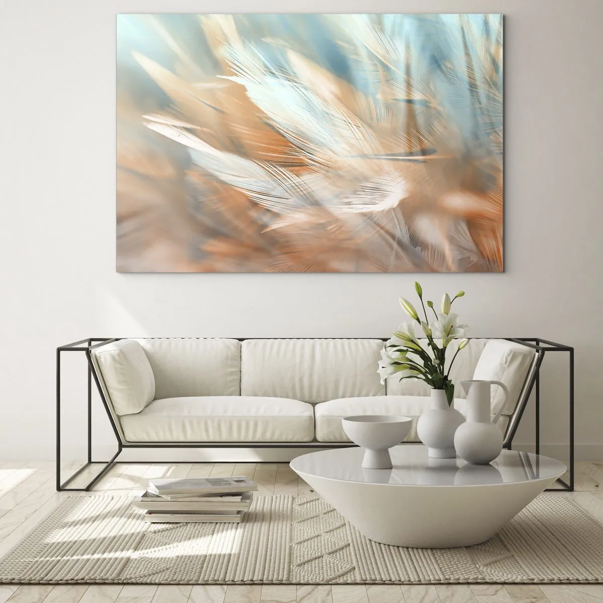 Impression sur verre - Image sur verre - Plumes délicates dans des tons pastel turquoise et pêche - 70x50cm - Au pays de la douceur - Décoration murale moderne pour le salon et la chambre ARTTOR