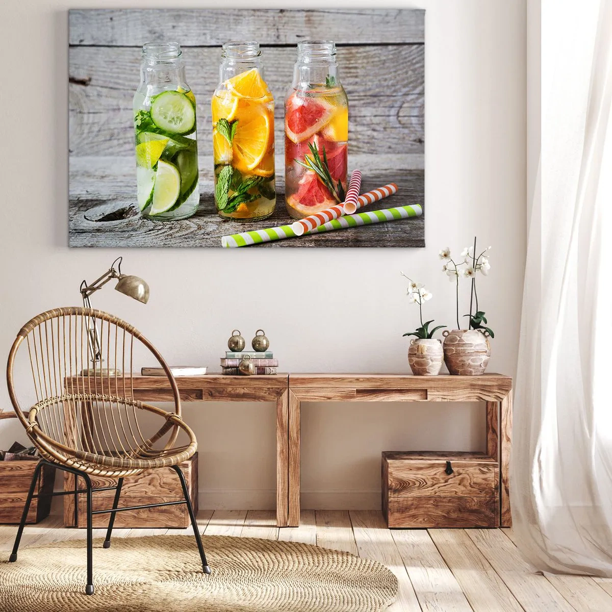 Impression sur toile - Image sur toile - Bouteilles d'eau fruitée et d'herbes sur fond de bois - 70x50cm - Sain par nature - Décoration murale moderne pour le salon et la chambre ARTTOR