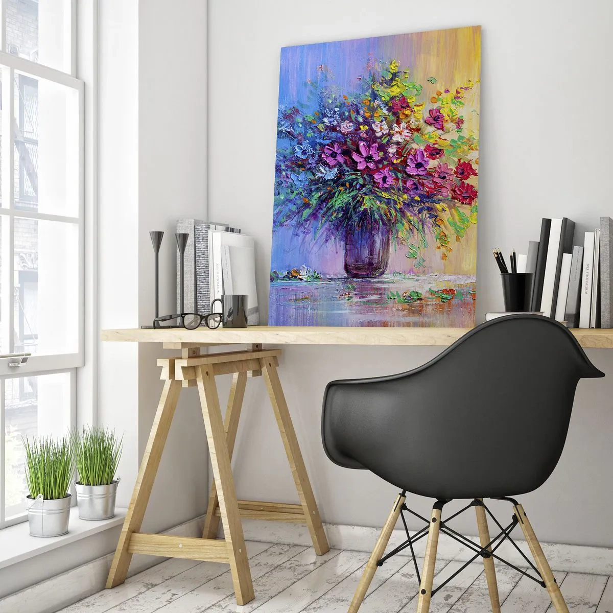 Impression sur verre - Image sur verre - Un bouquet de fleurs colorées dans un vase sur un fond dégradé - 70x100cm - Cadeau d'été de la prairie - Décoration murale moderne pour le salon et la chambre ARTTOR