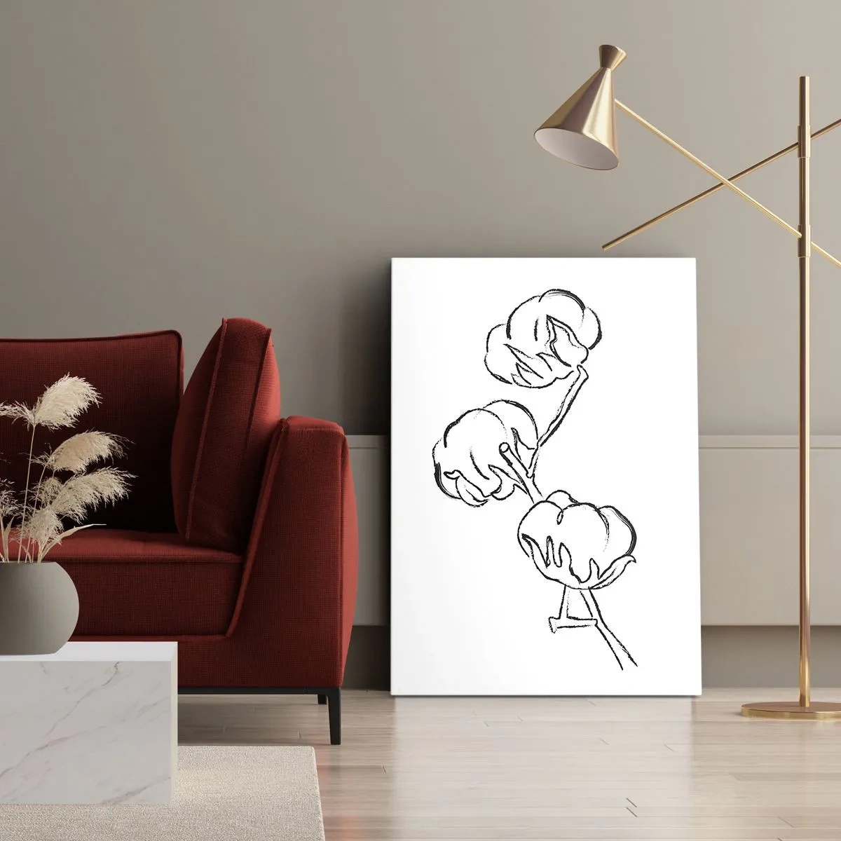 Impression sur toile - Image sur toile - Un contour délicat d'une branche de coton sur fond blanc - 50x70cm - Duvet de coton - Décoration murale moderne pour le salon et la chambre ARTTOR