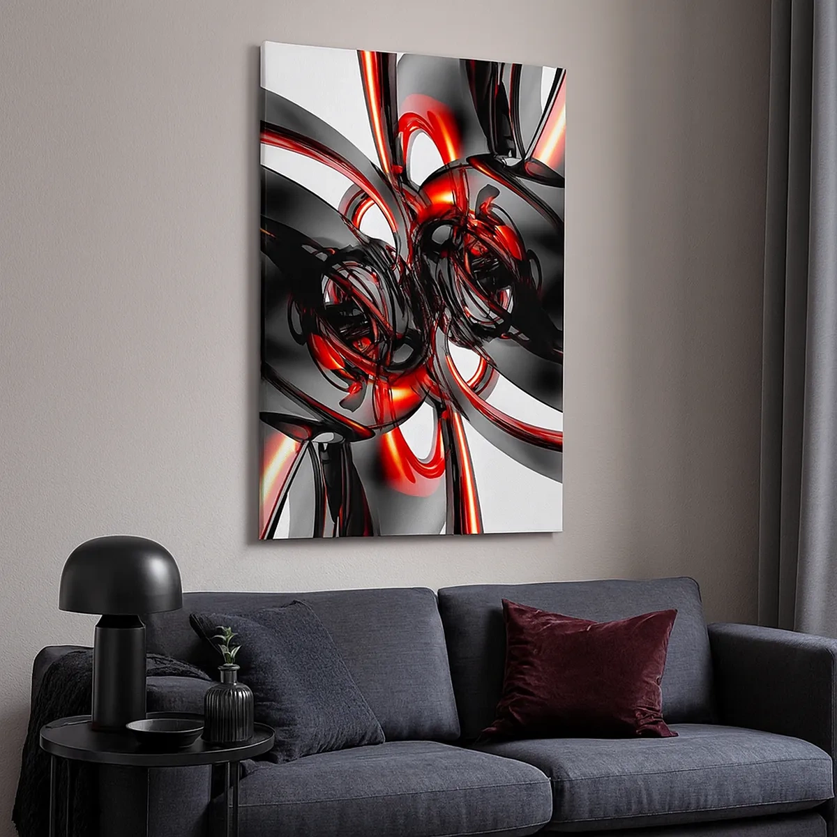Impression sur toile - Image sur toile - Graphiques 3D abstraits avec des éléments noirs et rouges - 50x70cm - Mouvement de graphite et rouge - Décoration murale moderne pour le salon et la chambre ARTTOR