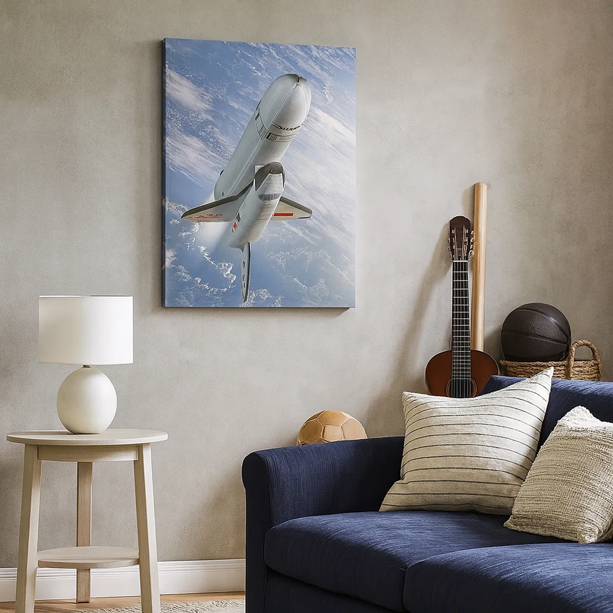 Impression sur toile - Image sur toile - Une fusée spatiale s'élevant devant la Terre en arrière-plan - 50x70cm - Ascension cosmique - Décoration murale moderne pour le salon et la chambre ARTTOR