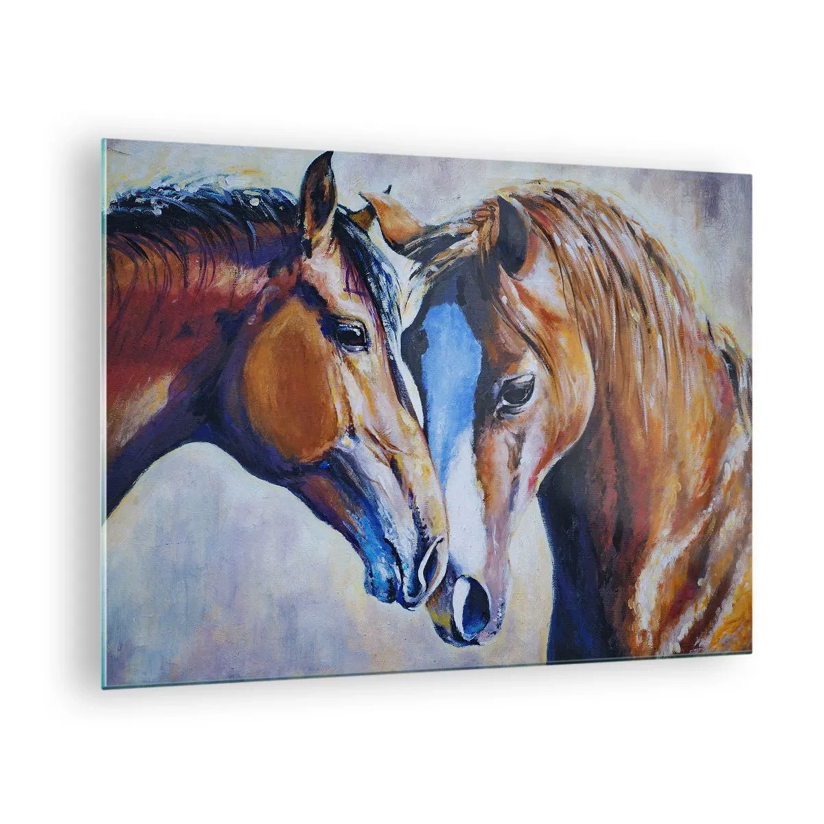 Impression sur verre - Image sur verre - Deux chevaux dans un geste tendre de proximité - 70x50cm - Est-ce de l'amitié ? Ou de l'amour ? - Décoration murale moderne pour le salon et la chambre ARTTOR