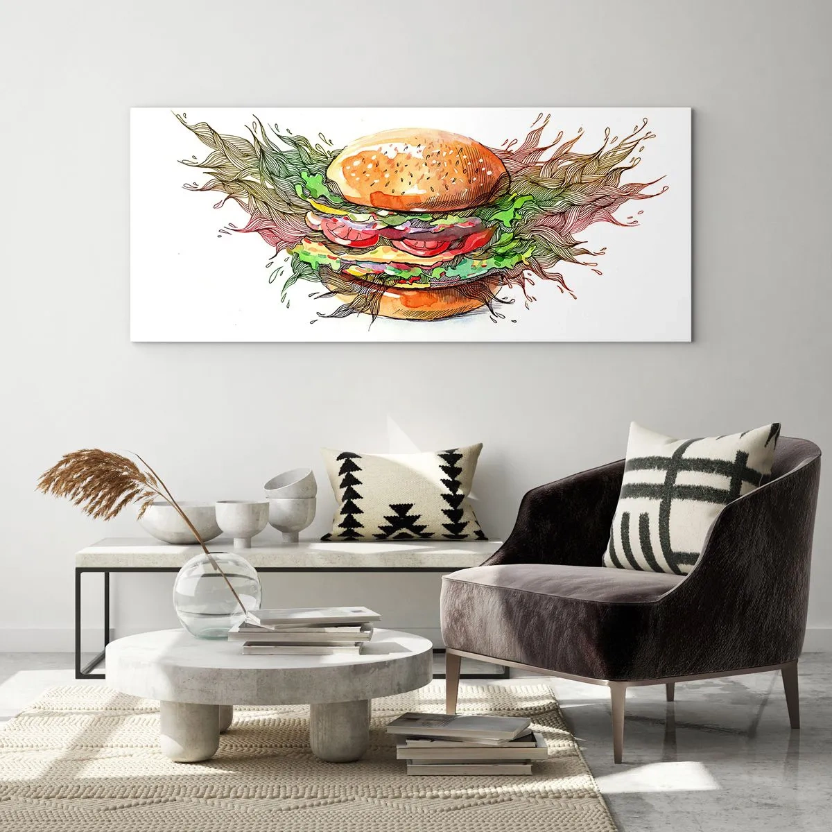 Impression sur verre - Image sur verre - Illustration artistique d'un burger avec des éléments dynamiques - 160x50cm - Tentation chaude - Décoration murale moderne pour le salon et la chambre ARTTOR