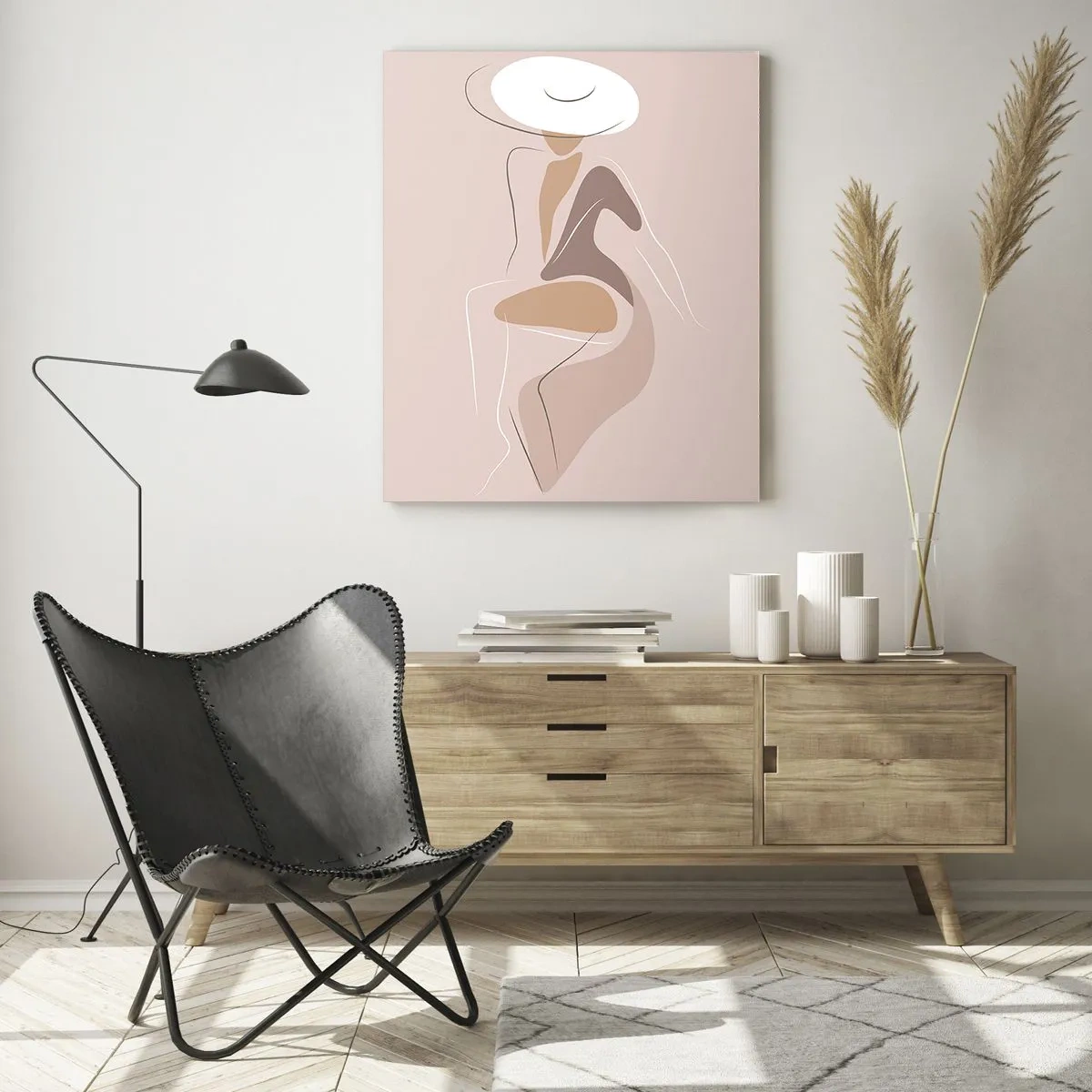 Impression sur verre - Image sur verre - Silhouette d'une femme au chapeau sur fond beige - 50x70cm - Être une dame - Décoration murale moderne pour le salon et la chambre ARTTOR
