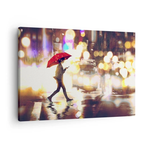 Impression sur toile - Image sur toile - Une silhouette avec un parapluie rouge dans la rue sous la pluie - 70x50cm - Et pourtant ensoleillé - Décoration murale moderne pour le salon et la chambre ARTTOR