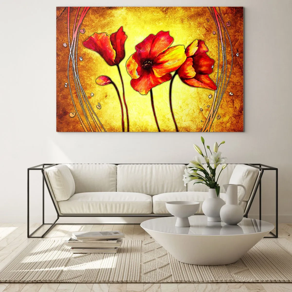 Impression sur verre - Image sur verre - Coquelicots rouges sur un fond de nuances dorées avec des détails artistiques - 70x50cm - Dans la décoration Art Nouveau - Décoration murale moderne pour le salon et la chambre ARTTOR