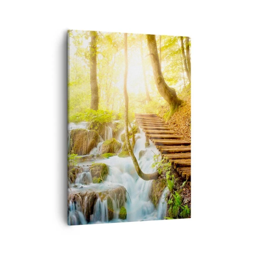 Impression sur toile - Image sur toile - Chemin forestier avec escaliers en bois près de la cascade - 50x70cm - Une fraîcheur tant désirée - Décoration murale moderne pour le salon et la chambre ARTTOR