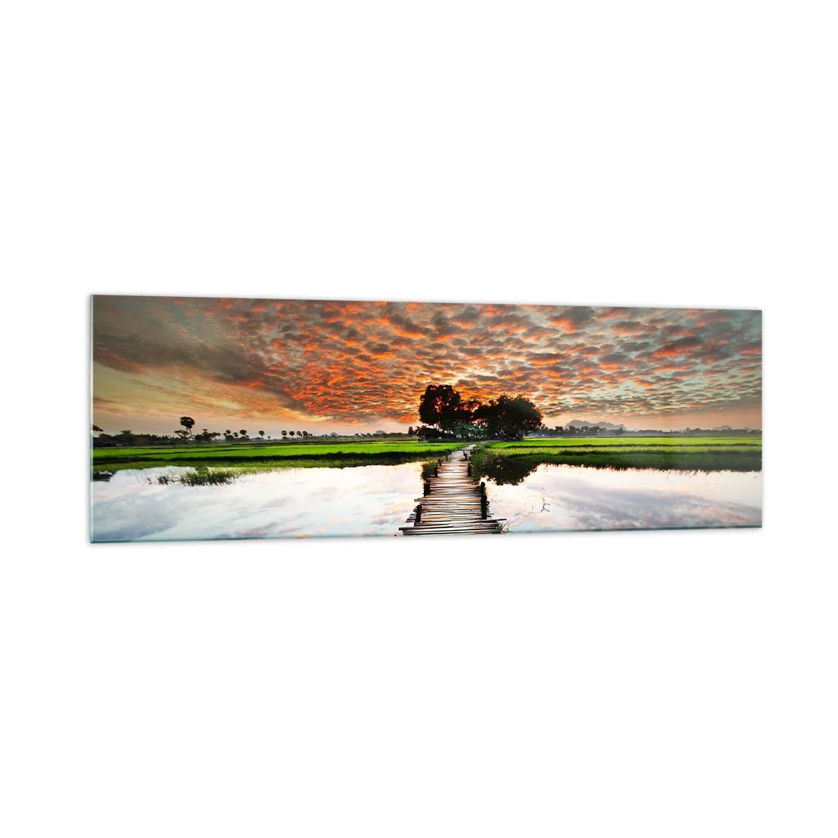 Impression sur verre - Image sur verre - Pont en bois sur l'eau au coucher du soleil - 160x50cm - Étendez vos bras - respirez - Décoration murale moderne pour le salon et la chambre ARTTOR