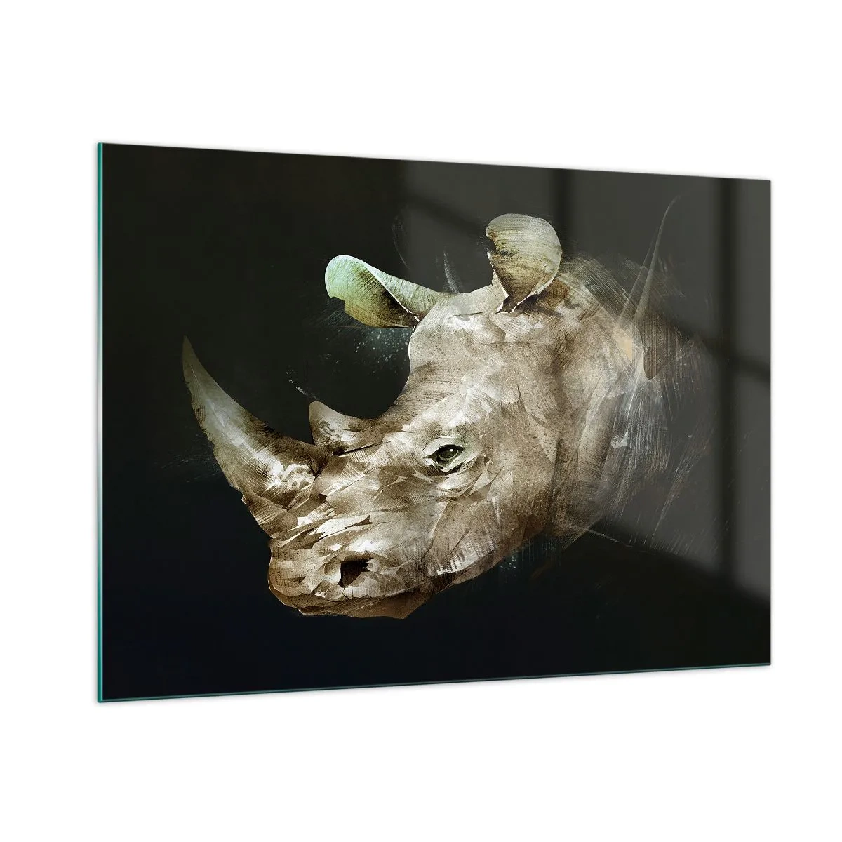 Impression sur verre - Image sur verre - Représentation artistique d'une tête de rhinocéros sur fond sombre - 100x70cm - La force vraiment masculine - Décoration murale moderne pour le salon et la chambre ARTTOR
