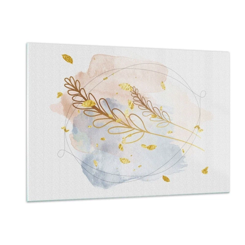 Impression sur verre - Image sur verre - Une composition délicate avec des brindilles et des feuilles dorées à l'aquarelle - 120x80cm - Explosion d'or - Décoration murale moderne pour le salon et la chambre ARTTOR