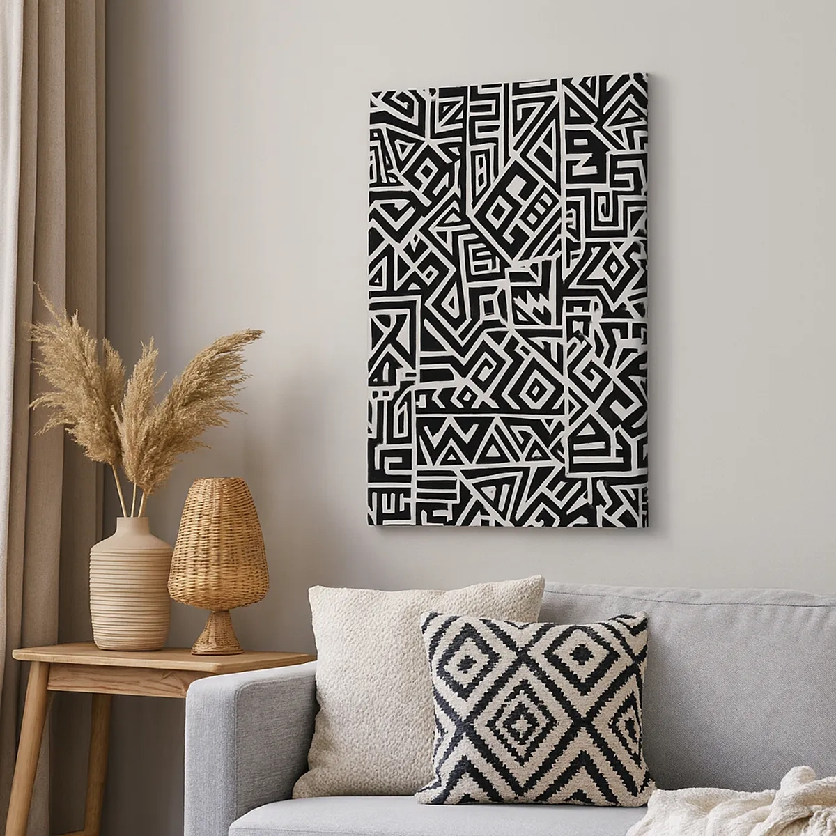 Impression sur toile - Image sur toile - Motifs géométriques noirs et blancs inspirés de la culture précolombienne - 50x70cm - Composition précolombienne - Décoration murale moderne pour le salon et la chambre ARTTOR