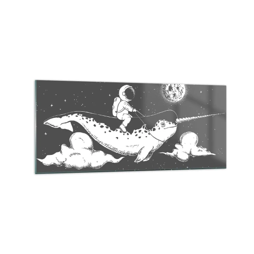 Impression sur verre - Image sur verre - Un astronaute sur le dos d'un narval flottant dans une scène spatiale. - 120x50cm - Cavalier de l'espace - Décoration murale moderne pour le salon et la chambre ARTTOR