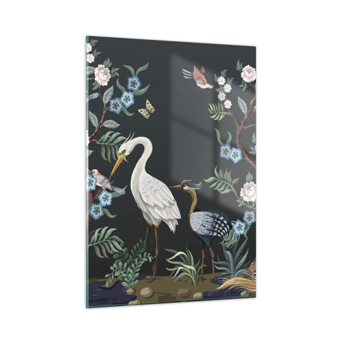 Impression sur verre - Image sur verre - Oiseaux colorés parmi des branches fleuries sur un fond sombre - 50x70cm - Parade d'oiseaux - Décoration murale moderne pour le salon et la chambre ARTTOR