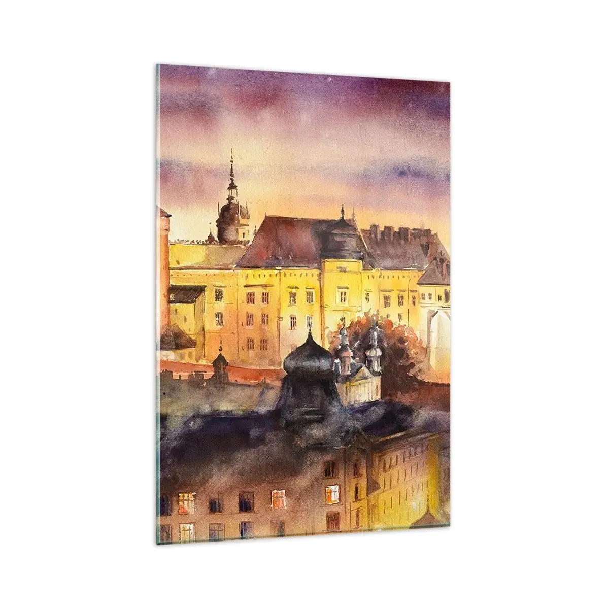 Impression sur verre - Image sur verre - Une aquarelle pittoresque d'un château au coucher du soleil - 80x120cm - Histoire et conte de fées - Décoration murale moderne pour le salon et la chambre ARTTOR