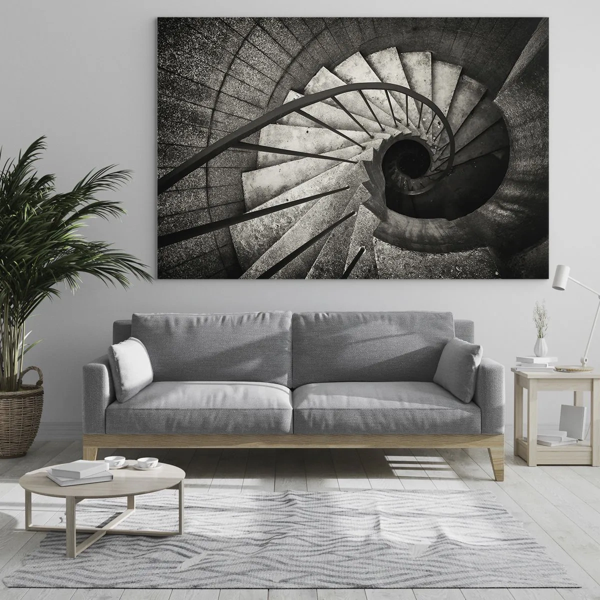 Impression sur verre - Image sur verre - Un escalier en colimaçon noir et blanc vu à vol d'oiseau - 70x50cm - En haut des escaliers, en bas des escaliers - Décoration murale moderne pour le salon et la chambre ARTTOR