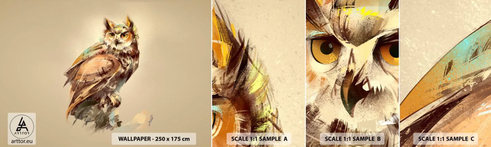 Échantillon de Papier Peint Autocollant Deluxe Sticker - Le hibou le plus intelligent - confirmera la forêt de chênes - Hibou, Oiseau, Abstraction - 100x30 cm